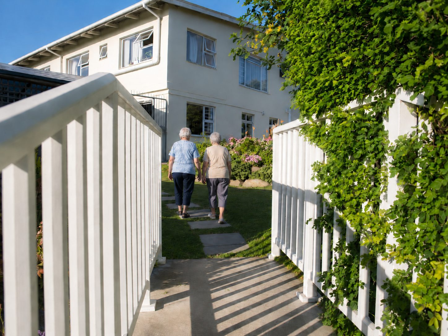Residents walking through the Damant Lodge garden